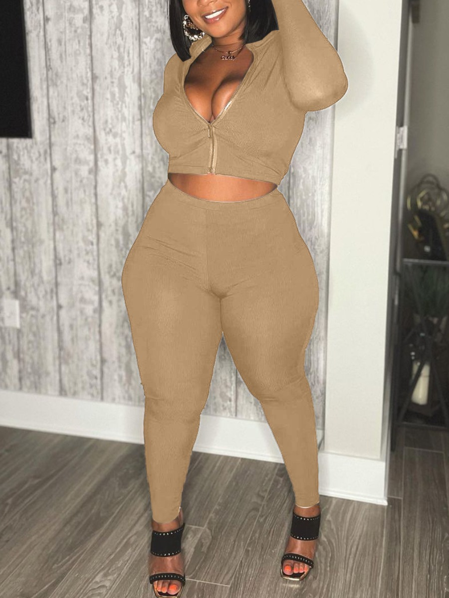 

LW Plus Size Embroidered Zipper Design Pants Set, Khaki
