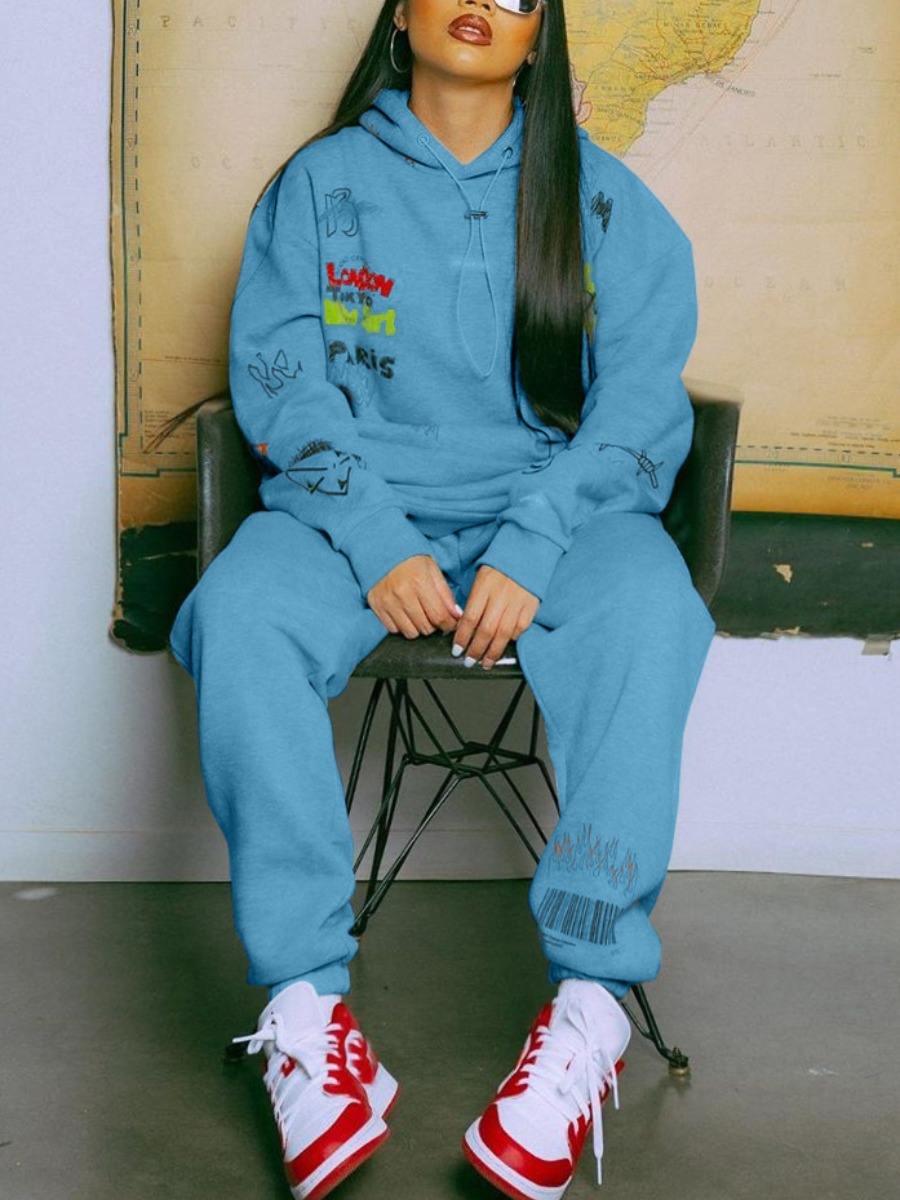 

LW Sweat Pullover Letter Print Tracksuit Set, Skyblue