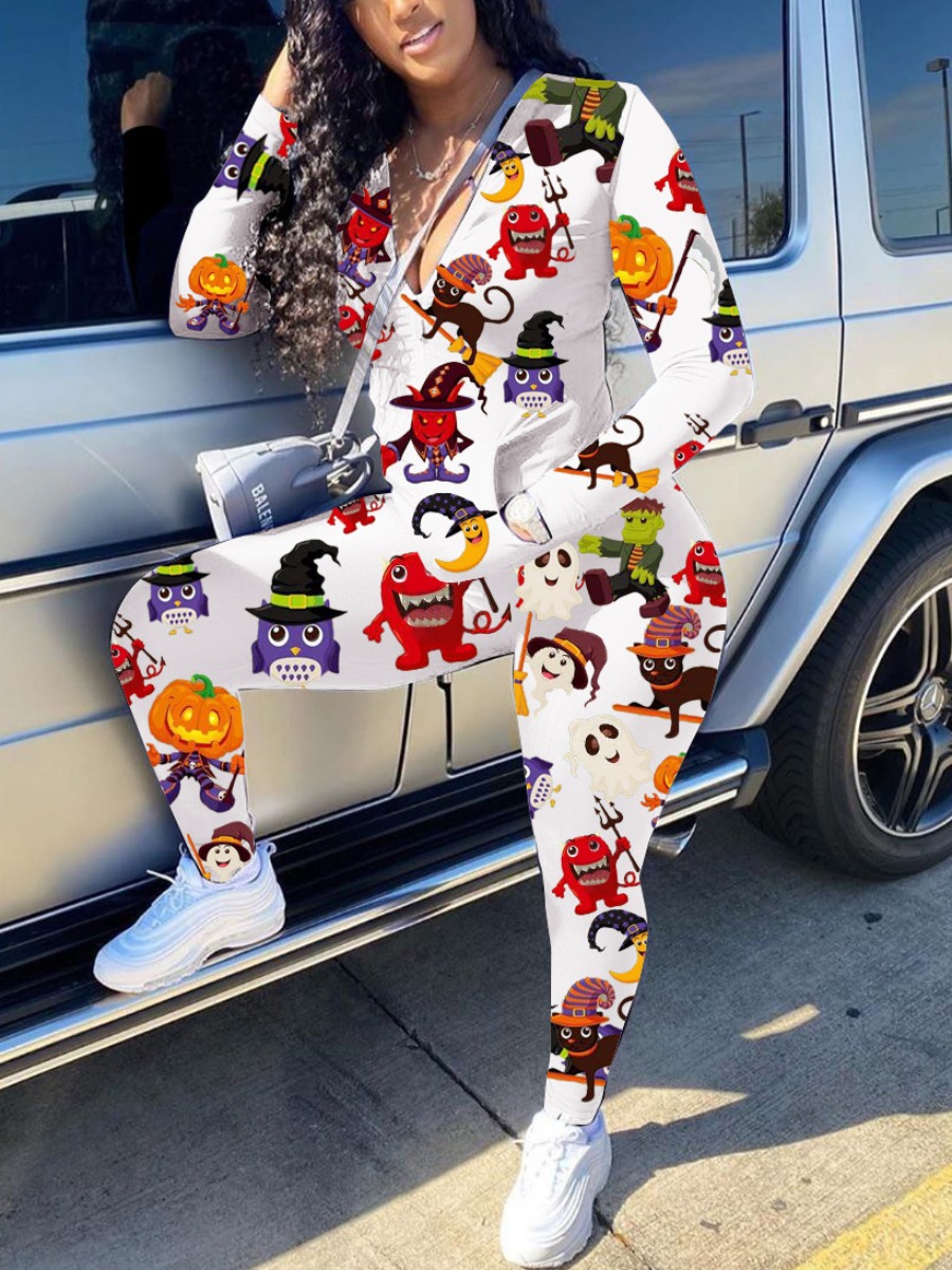 

LW Halloween Cartoon Print Zipper Design Pants Set, White