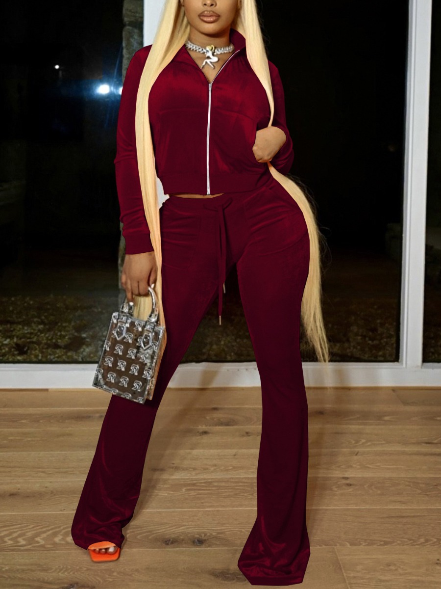 

LW Velvet Pocket Design Crop Top Tracksuit Set, Wine red