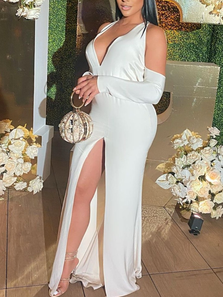 

LW Satin Backless High Split Design Prom Dress, White