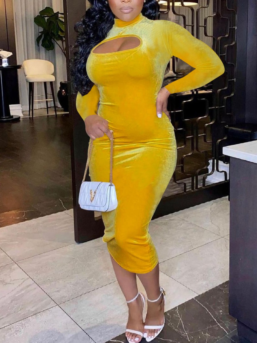 

LW SXY Velvet Hollow-out Design Bodycon Dress, Yellow