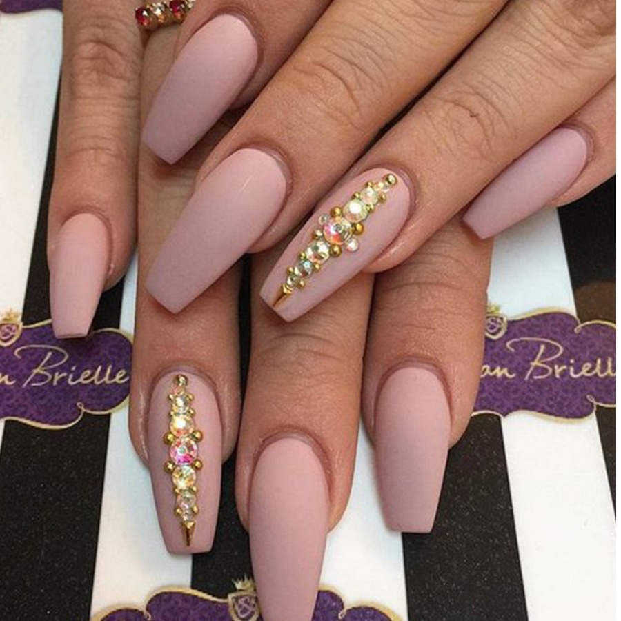 

LW 24pcs Rhinestone Sequined Fake Nail, Skin color