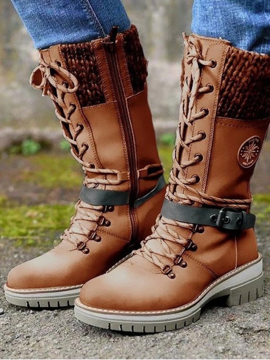 

LW Lace Up Patchwork Thigh High Boots, Brown