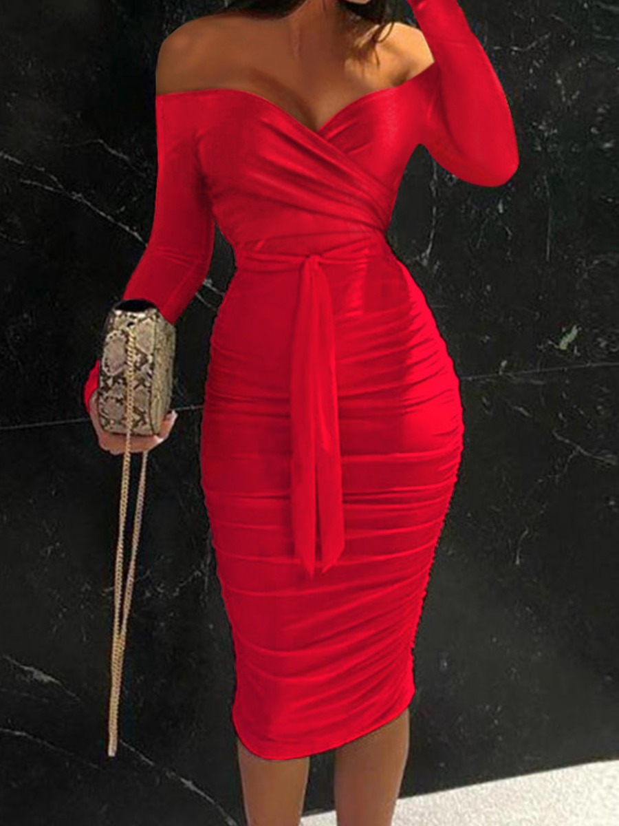 

LW SXY Bandage Design Ruched Bodycon Prom Dress, Red