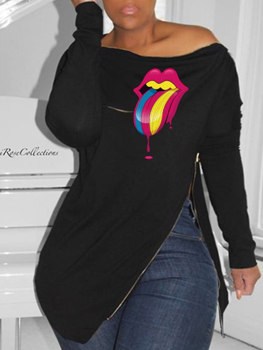 

LW Lip Print Zipper DesignT-shirt, Black