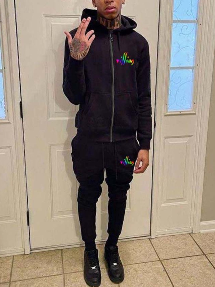 

LW Men Gradient Letter Print Pocket Design Tracksuit Set, Black
