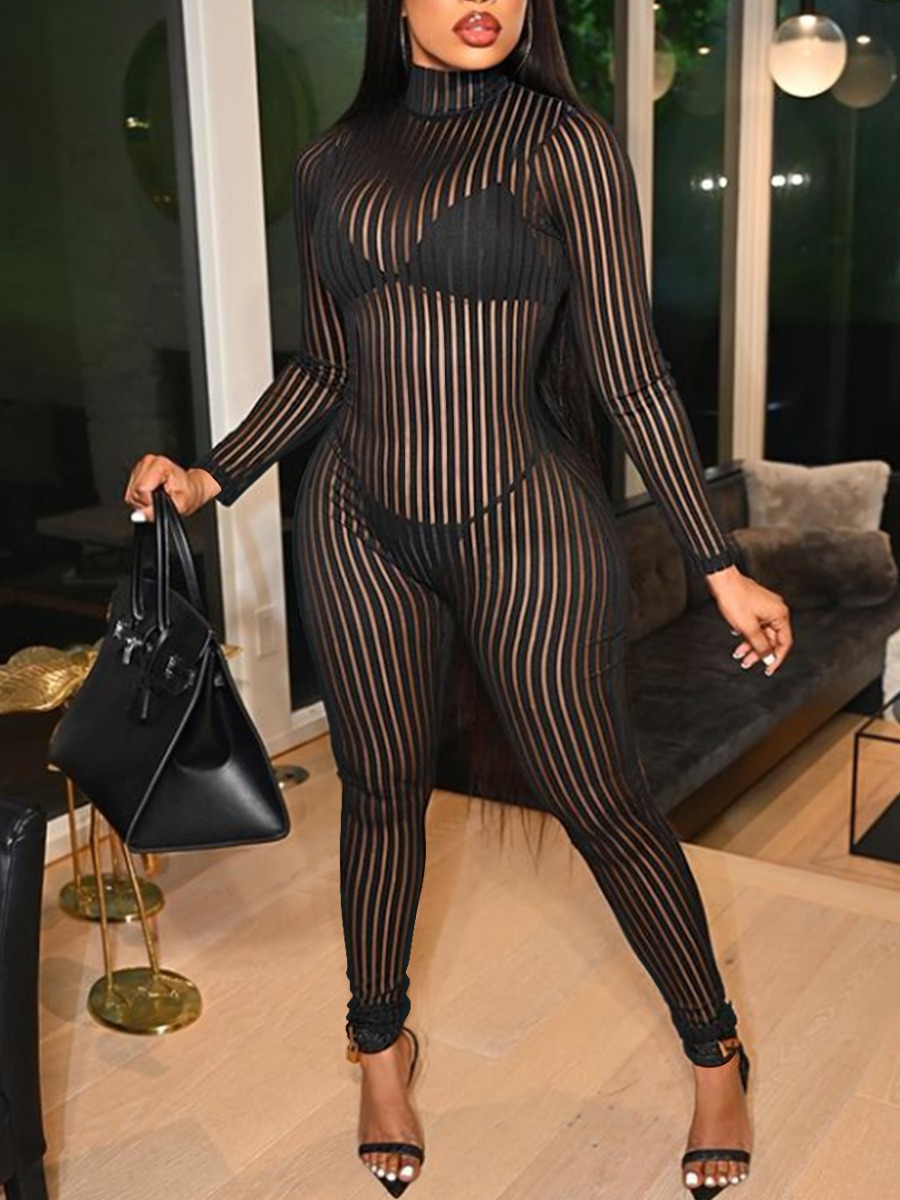 

LW SXY Mesh See-through Striped Skinny Jumpsuit, Black
