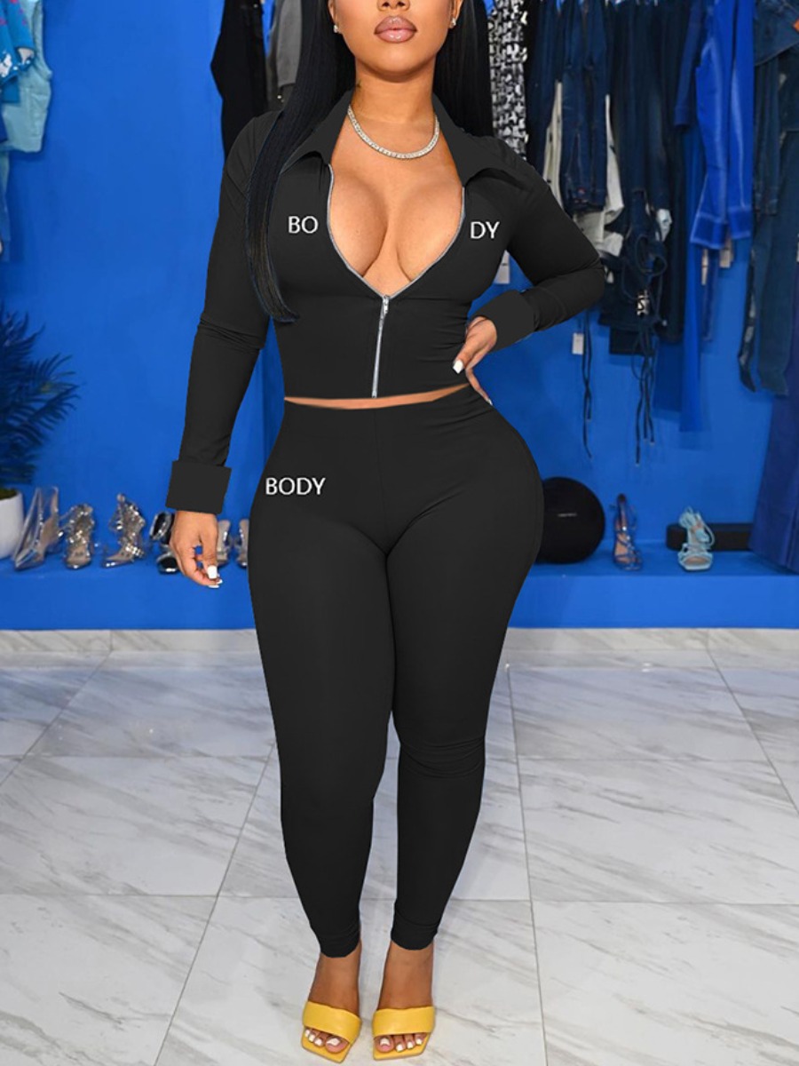 

LW SXY Embroidered Letter Zipper Design Pants Set, Black