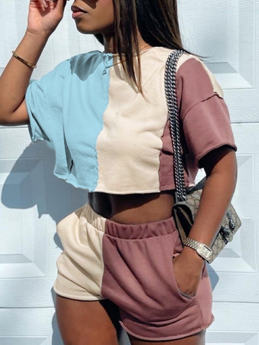 

LW Sweat Pocket Design Patchwork Cropped Shorts Set, Baby blue
