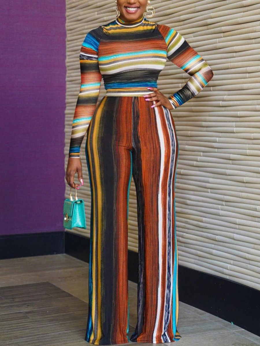 

LW Colorful Striped Cropped Wide Leg Pants Set, Brown