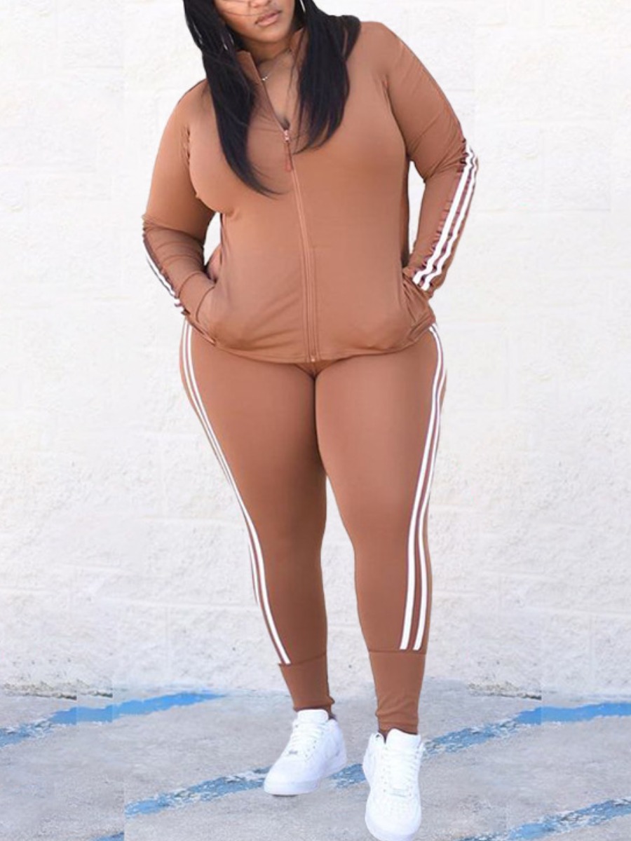 

LW Plus Size Zipper Pocket Design Striped Tracksuit Set, Coffee