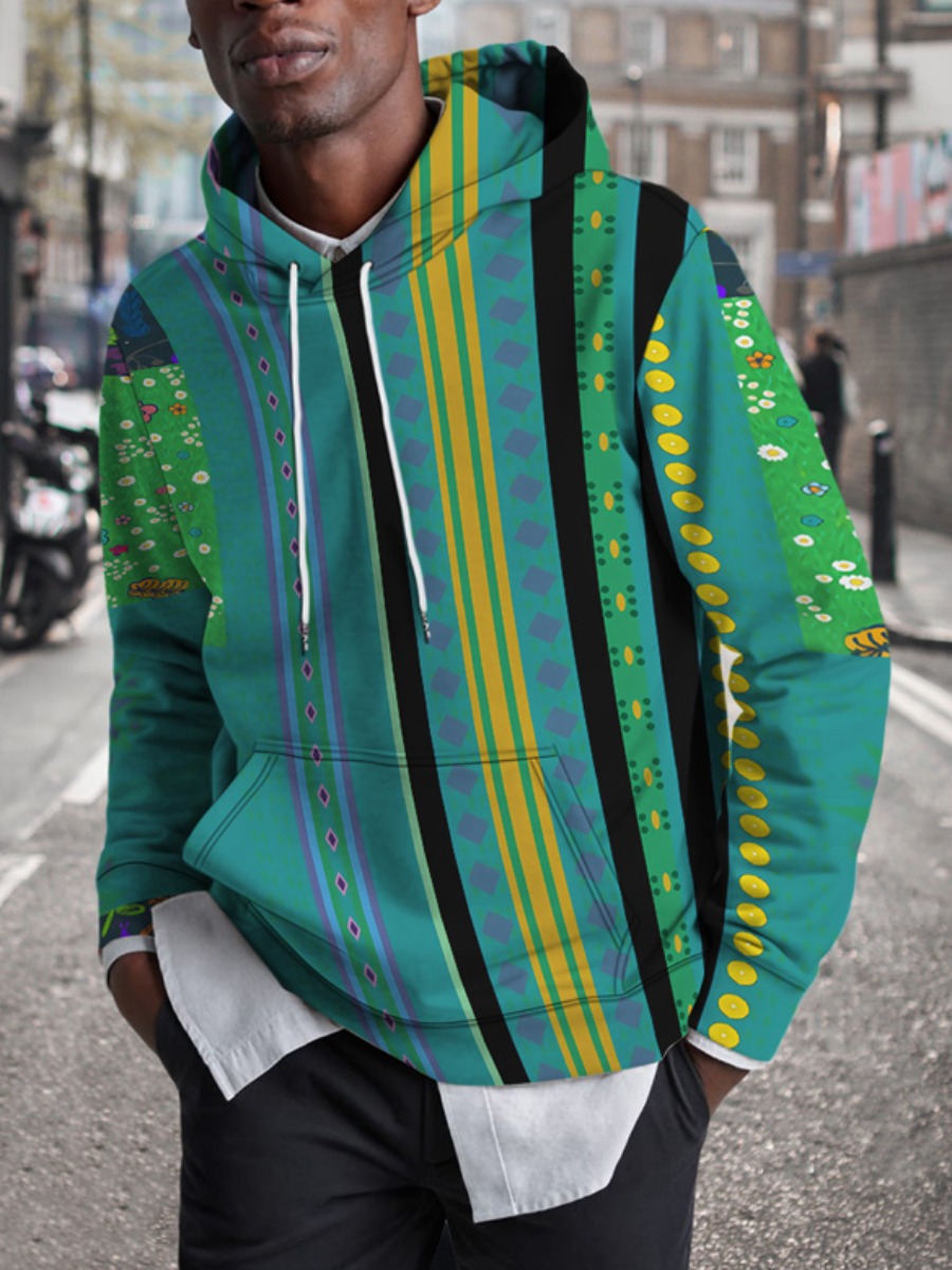 

LW Men Geometric Print Striped Hoodie, Green