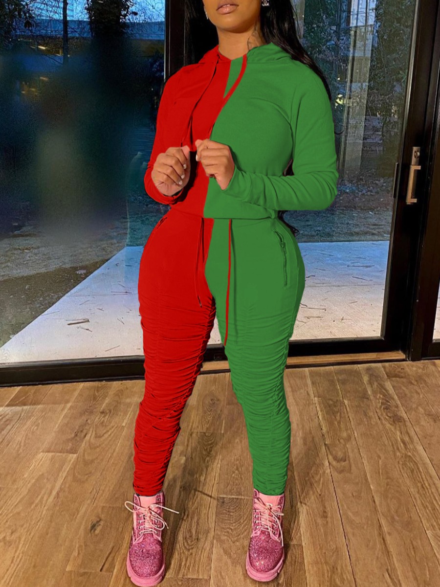 LW Ruched Color-lump Patchwork Tracksuit Set