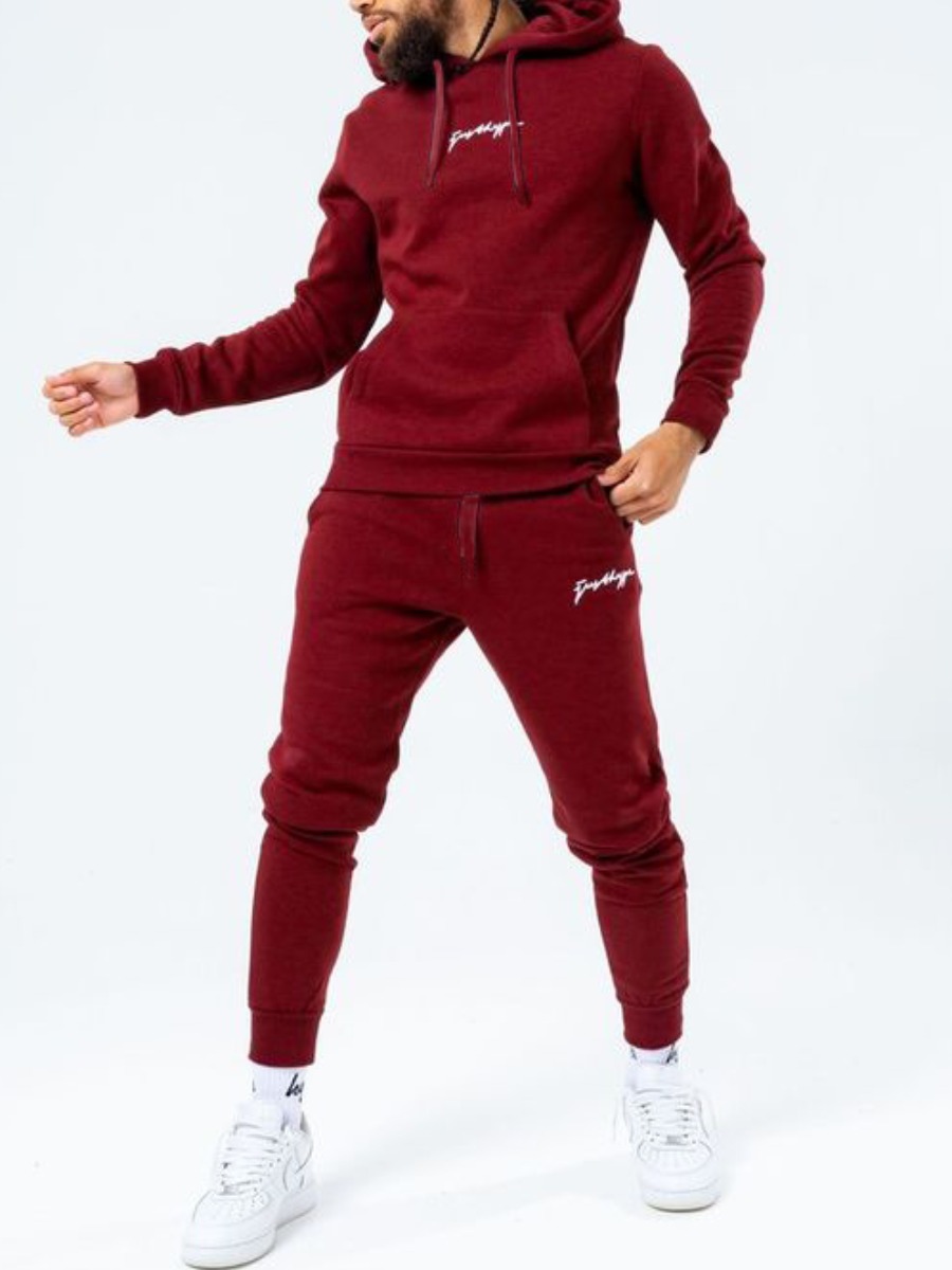 

LW Men Letter Print Kangaroo Pocket Tracksuit Set, Wine red