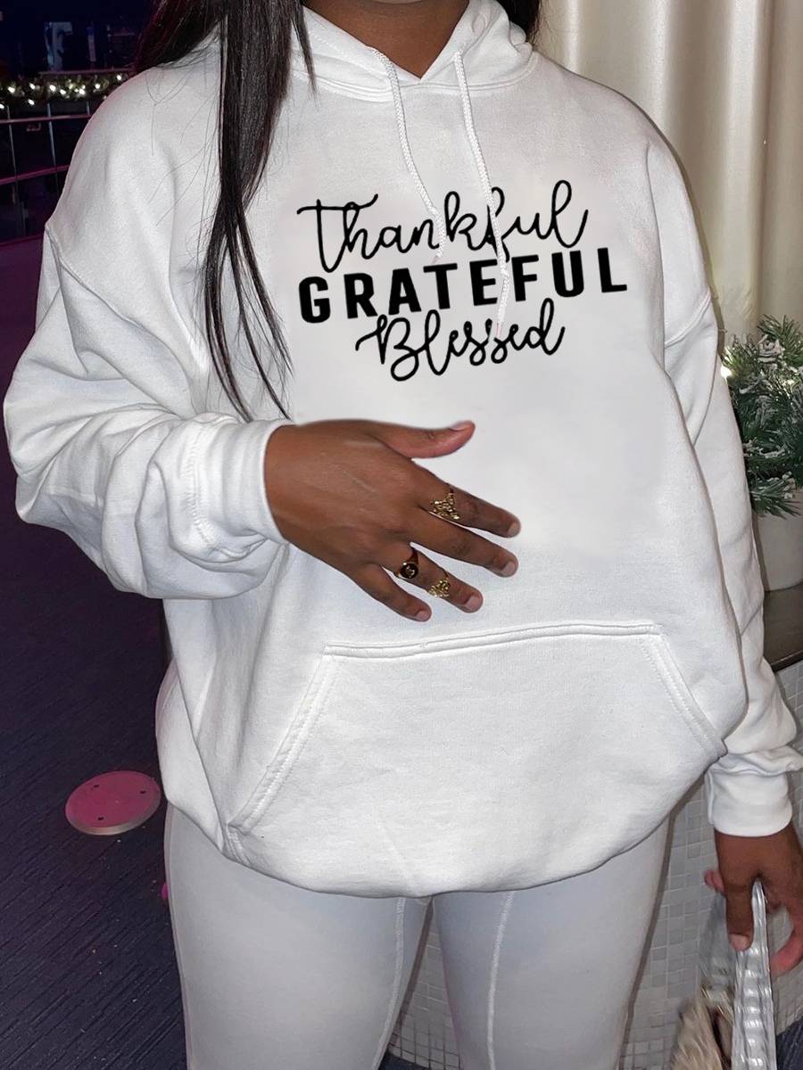

LW BASICS Letter Print Kangaroo Pocket Hoodie, White