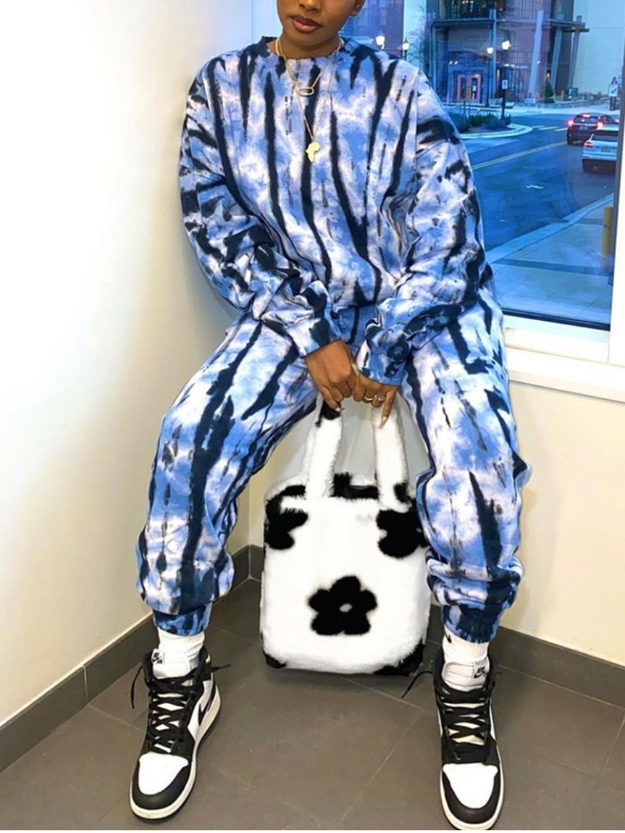 

LW Round Neck Tie-dye Pants Set, Blue