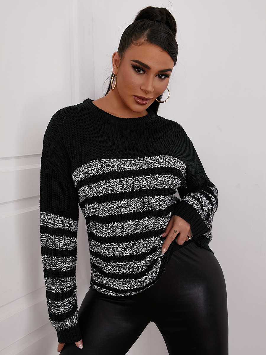 

LW Round Neck Striped Loose Sweater, Black