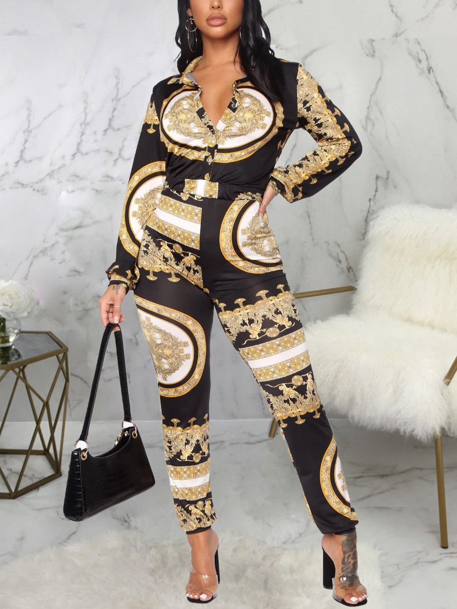 

LW Tribal Print Button Design Jumpsuit, Black