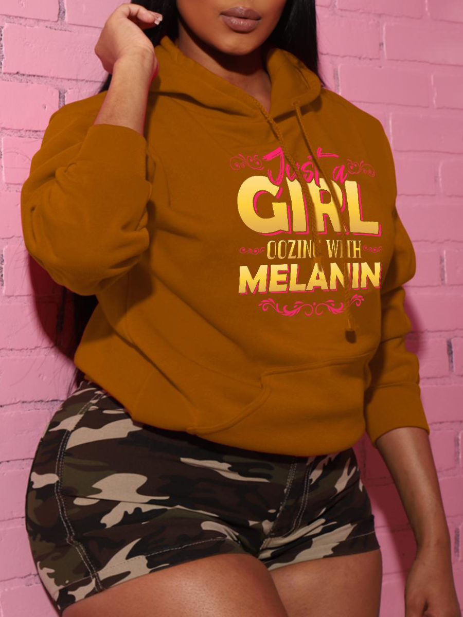 

LW Plus Size Letter Print Kangaroo Pocket Hoodie, Khaki