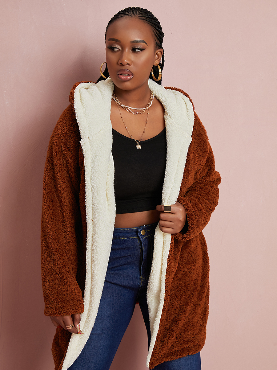 

LW Plus Size Hooded Collar Zipper Design Teddy Coat, Multi