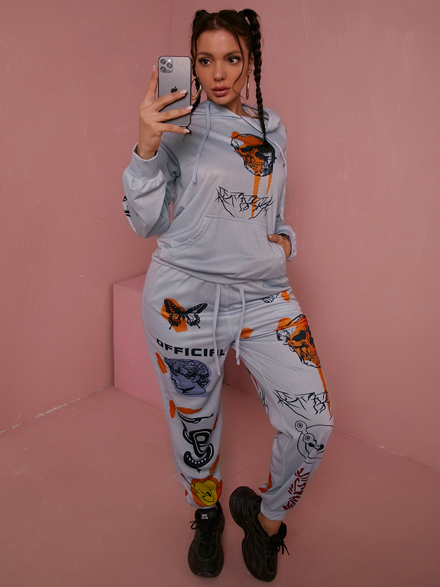 

LW Skull Head Letter Print Oversized Tracksuit Set, Grey