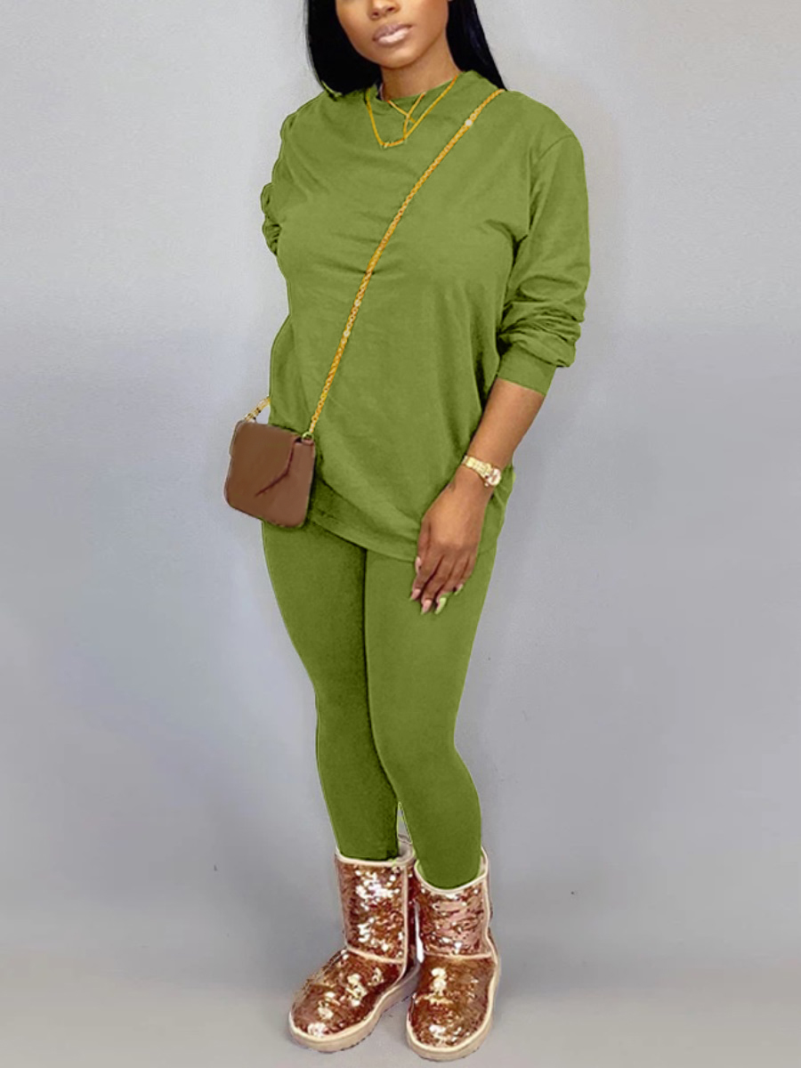 

LW O Neck Basic Skinny Pants Set, Green