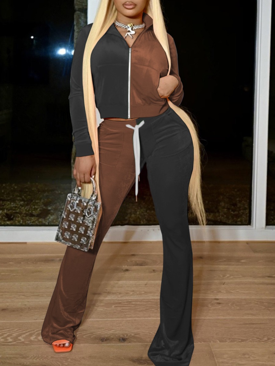 

LW Velvet Patchwork Pocket Desing Crop Top Tracksuit Set, Black
