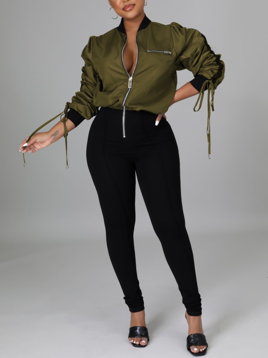 

LW Drawstring Patchwork Zipper Design Jumpsuit, Green