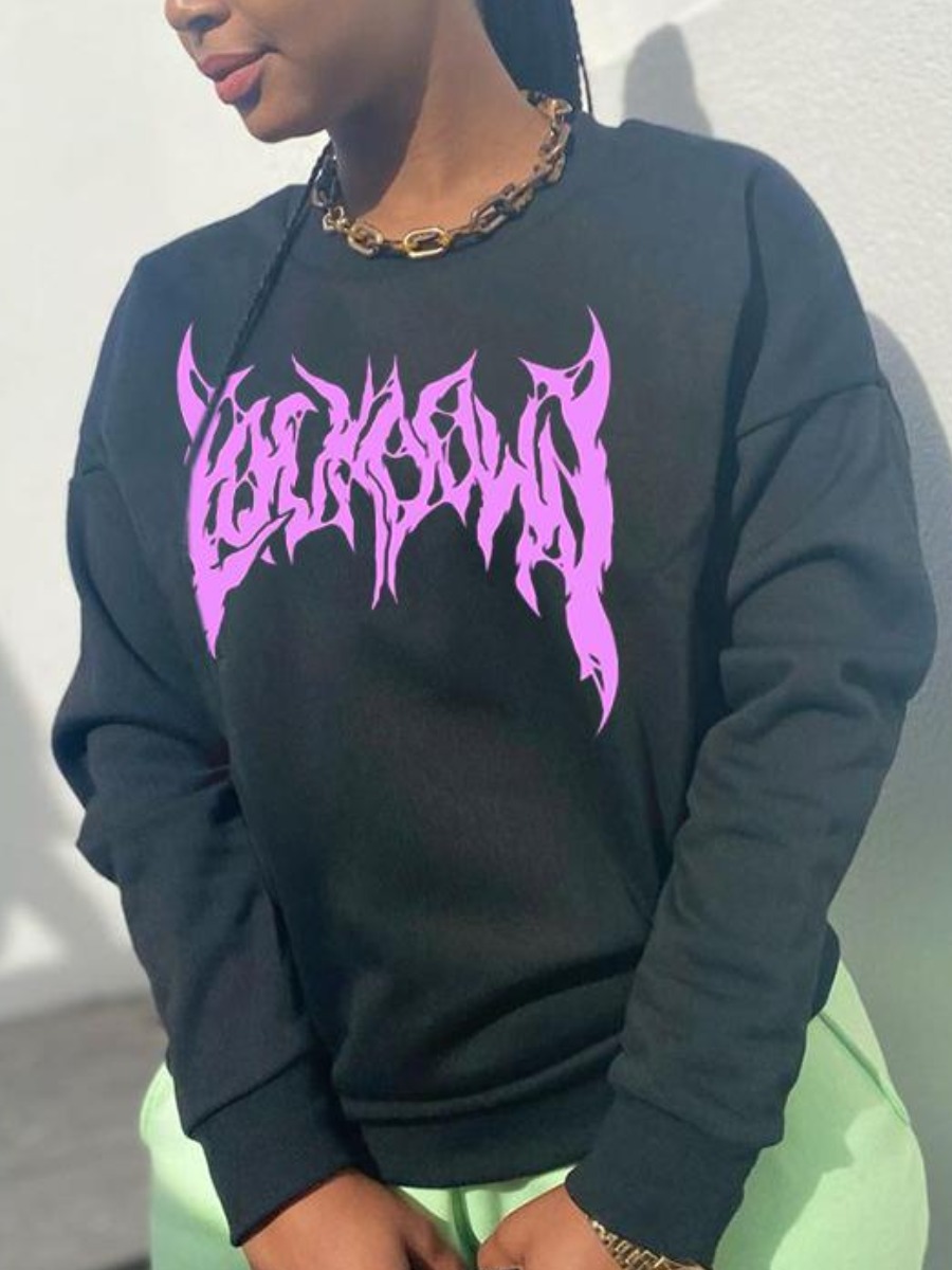 

LW BASICS Round Neck Letter Print Sweatshirt, Black