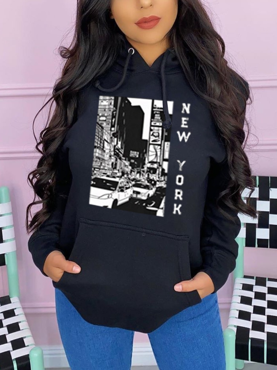 

LW BASICS Letter Print Kangaroo Pocket Hoodie, Black