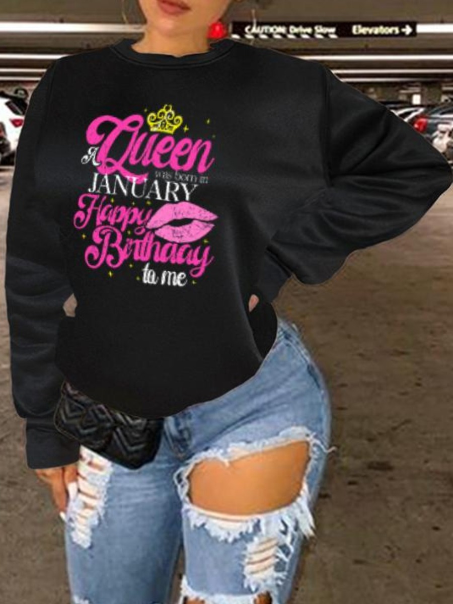 

LW Plus Size Round Neck Letter Print Sweatshirt, Black