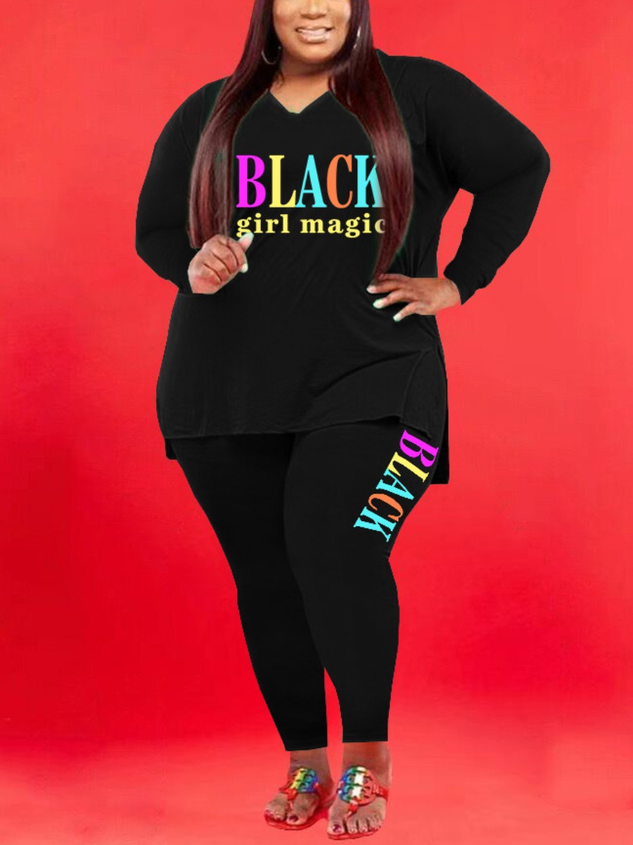 

LW Plus Size Letter Print Split Pants Set, Black