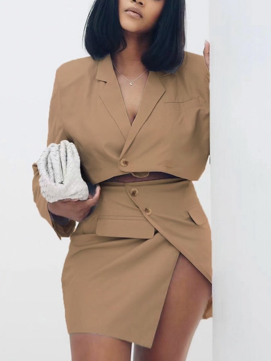 

LW Business Button Design Slit Blazer Short Set, Coffee