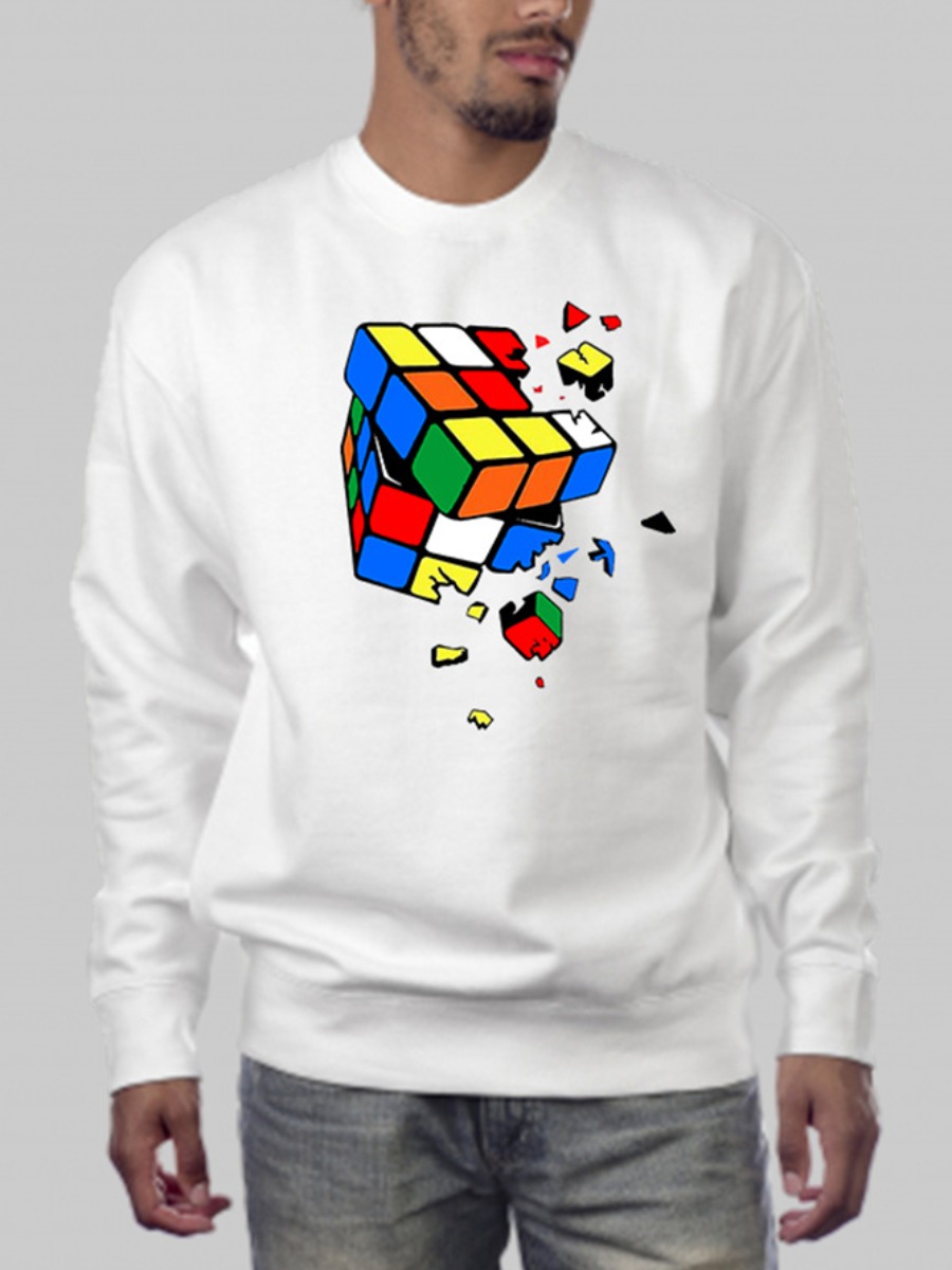 

LW Men Casual Rubik  Cube Print Sweatshirt, White