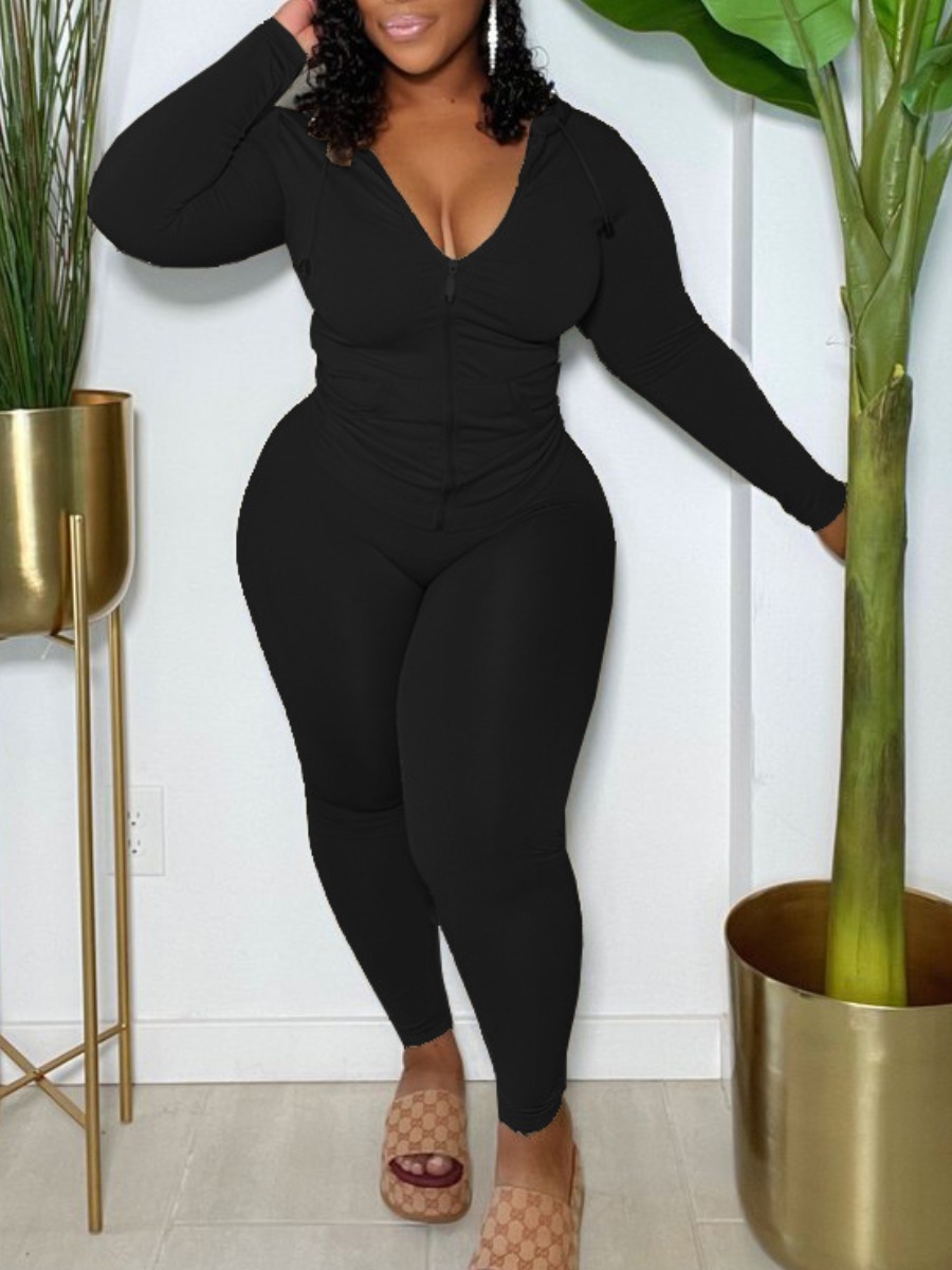 

LW BASICS Plus Size Zipper Design Skinny Pants Set, Black