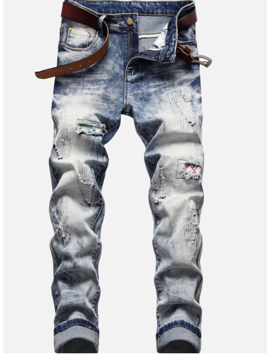 

LW COTTON Men Street Stretchy Nostalgic Ripped Jeans, Baby blue