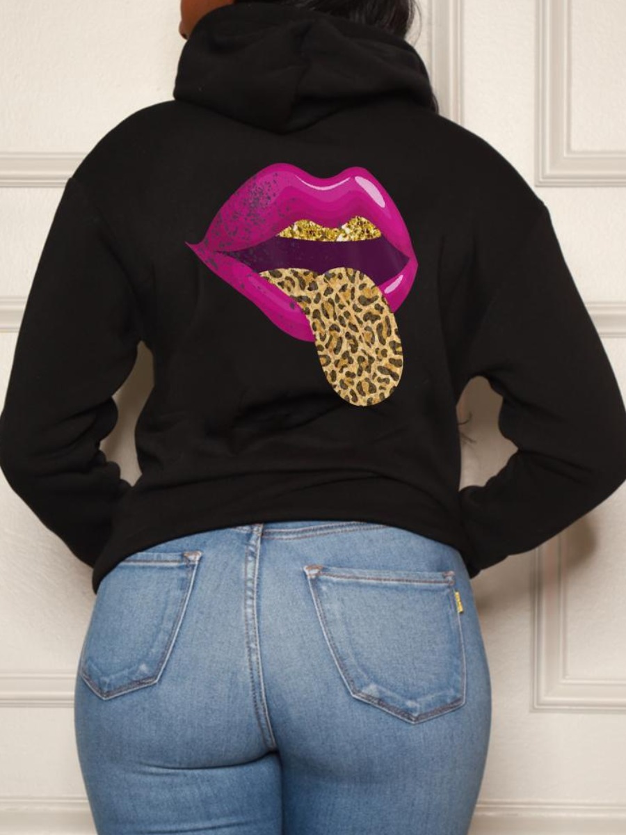 

LW Plus Size Casual Lip Print Pocket Design Hoodie, Black