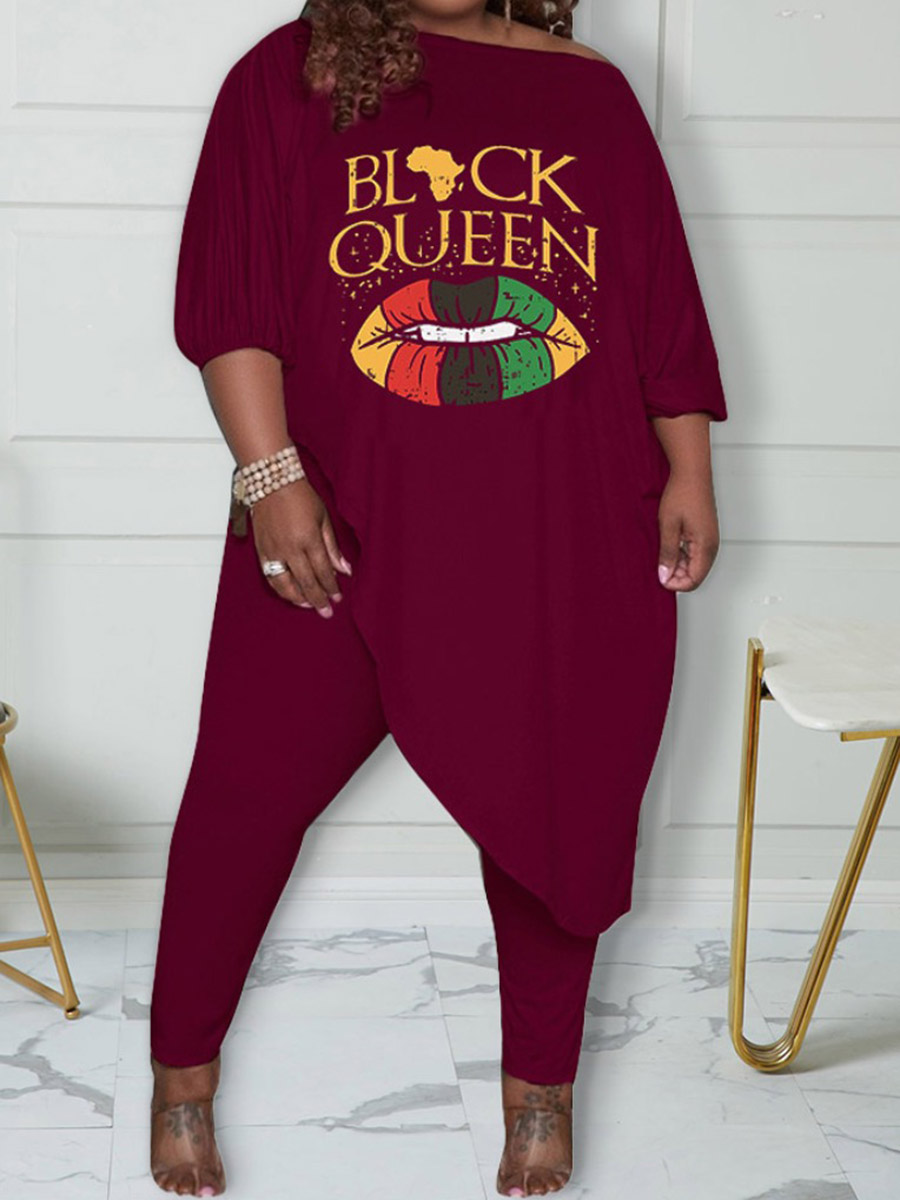 

LW Plus Size Lip Print Asymmetrical Pants Set, Wine red