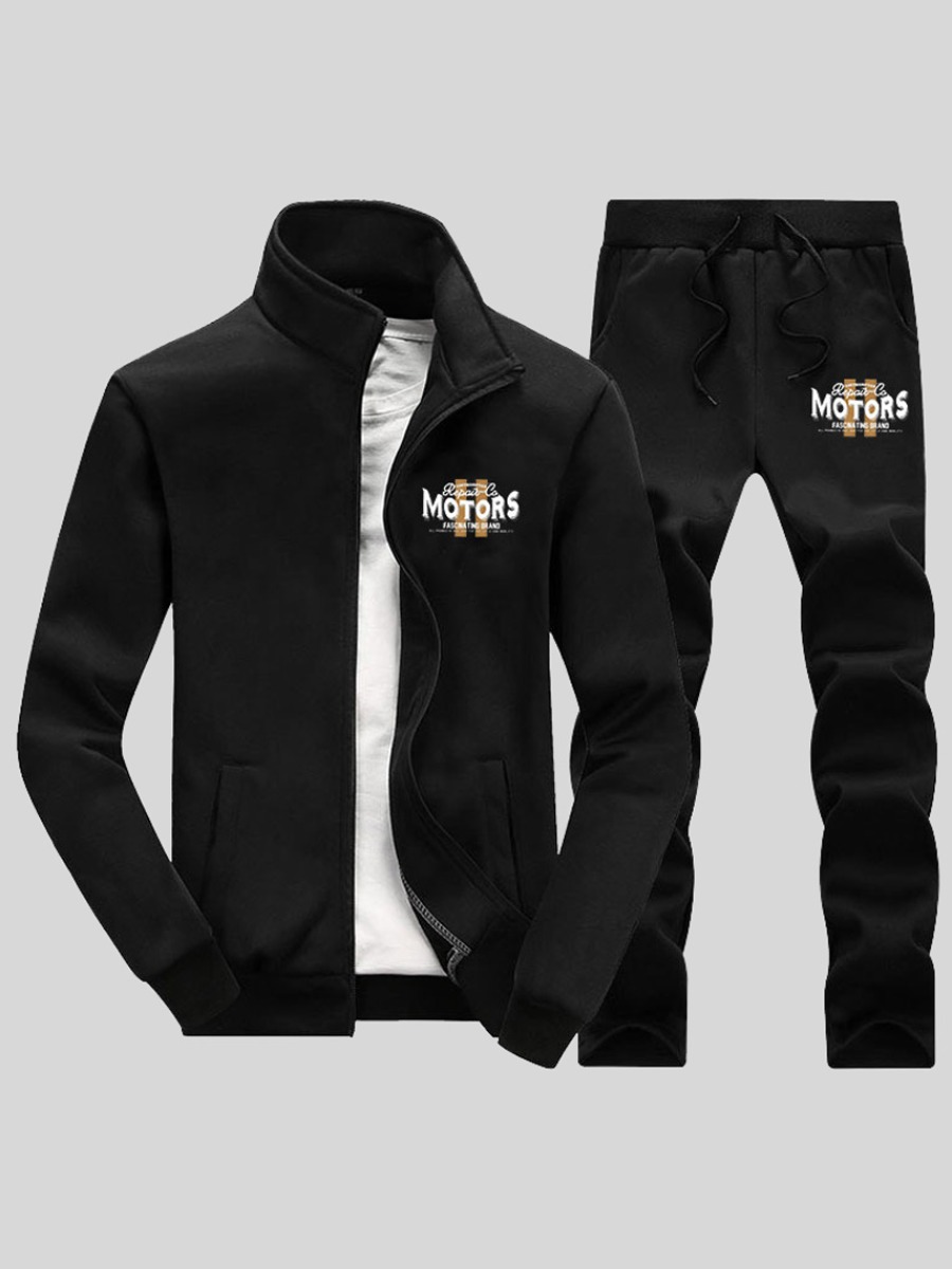 

LW Men Letter Print Pocket Design Tracksuit Set, Black