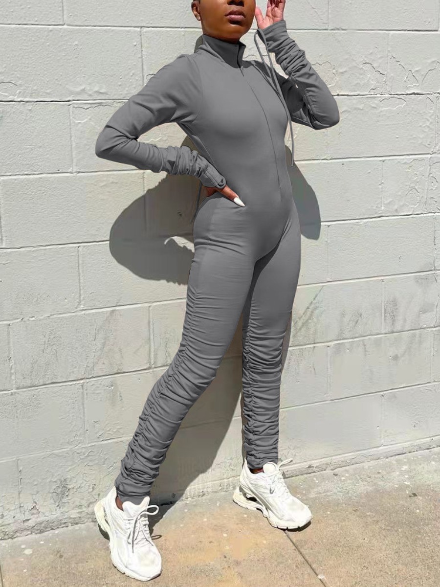 

LW Zipper Design Ruched Stacked Jumpsuit, Grey