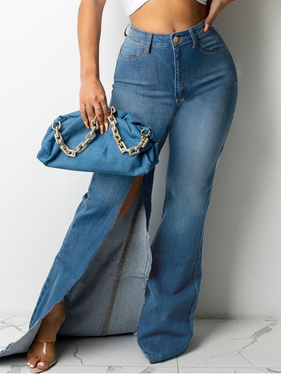 LW Mid Waist High Split Jeans, Blue