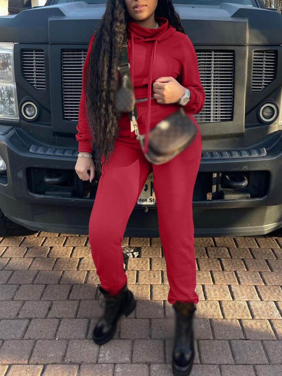 

LW Hooded Collar Crop Top Tracksuit Set, Red