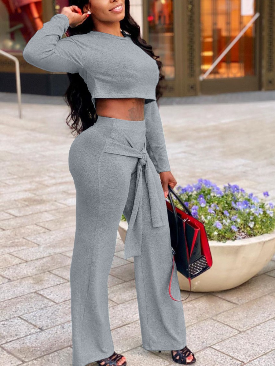 

LW Bandage Crop Top Basic Pants Set, Grey