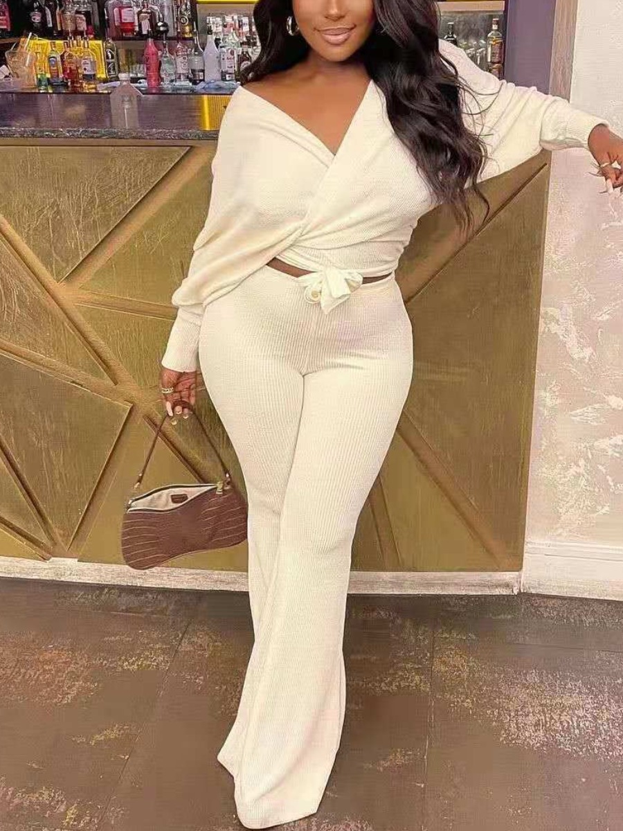 

LW Rib-knit Knotted Wide Leg Pants Set, White
