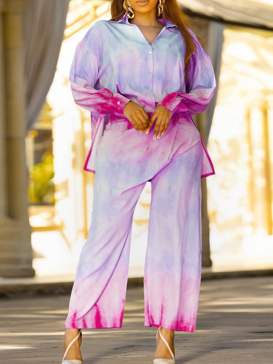 

LW Plus Size Cotton Tie-dye Button Design Pants Set, Rose red