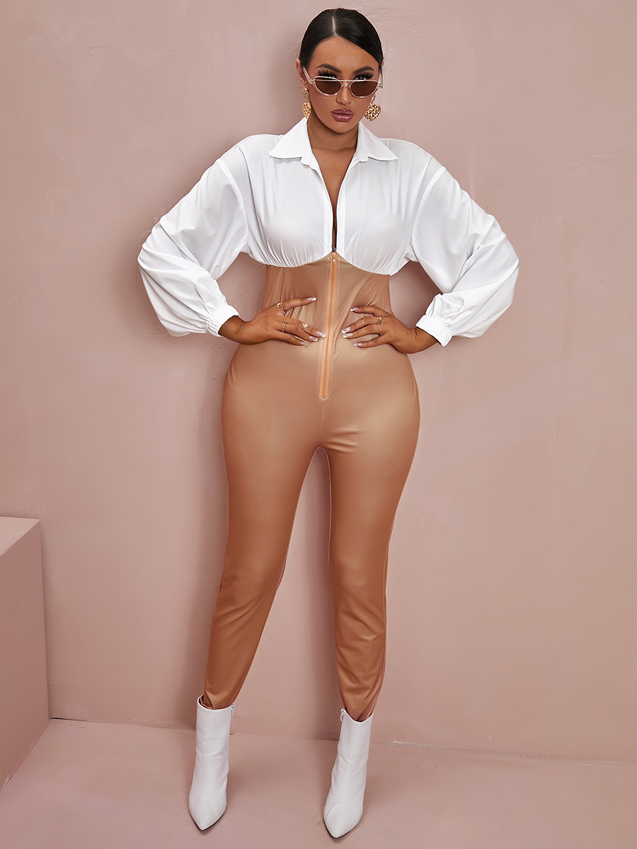 

LW Turndown Collar Zipper Design Jumpsuit, White