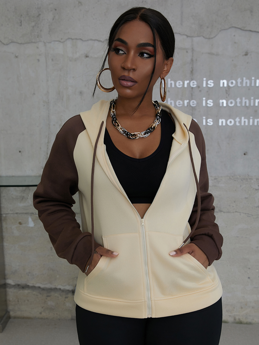 LW COTTON Color-lump Zipper Design Hoodie