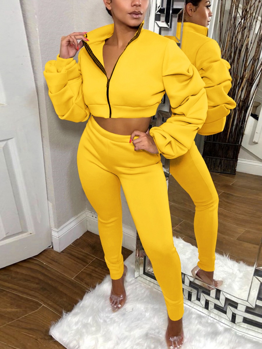 

LW Zipper Design Crop Top Pants Set, Yellow