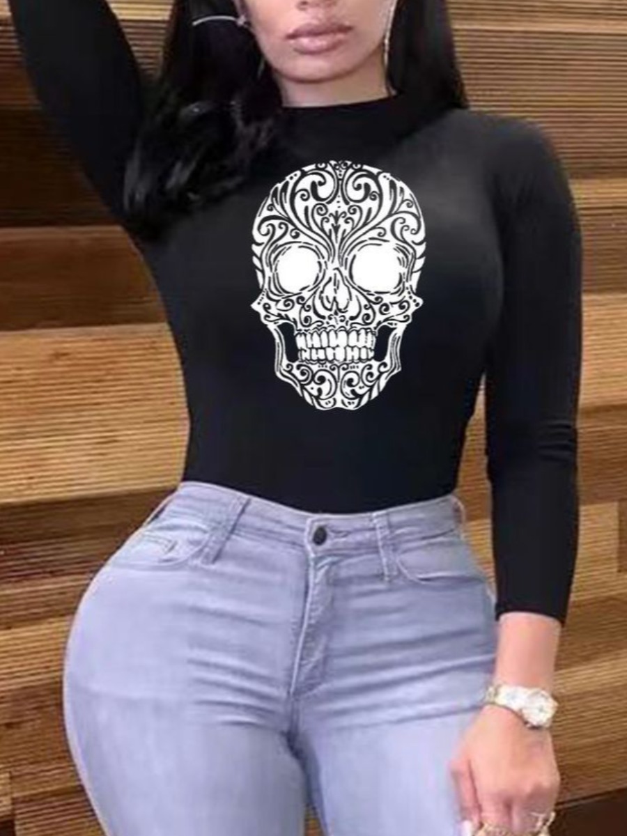

LW BASICS Round Neck Skull Print Skinny T-shirt, Black